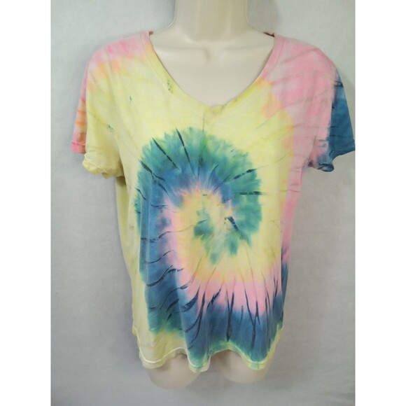 Tie dyed women’s medium tee shirt Pink Yellow Blue‎ Green V Neck - Picture 6 of 6
